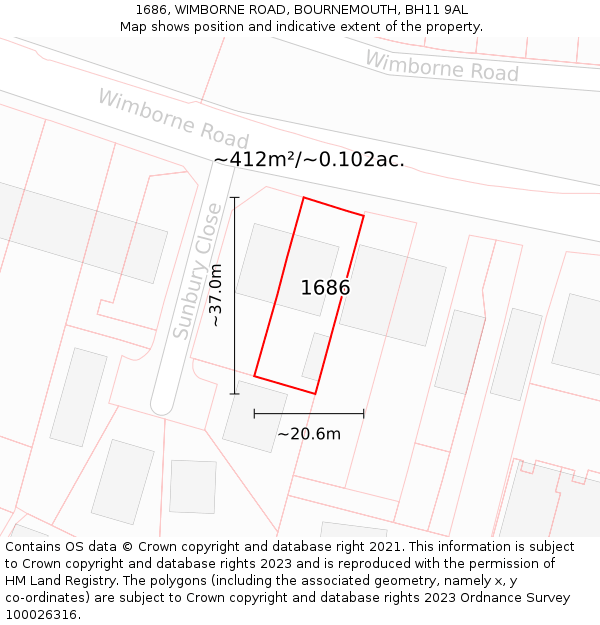 1686, WIMBORNE ROAD, BOURNEMOUTH, BH11 9AL: Plot and title map