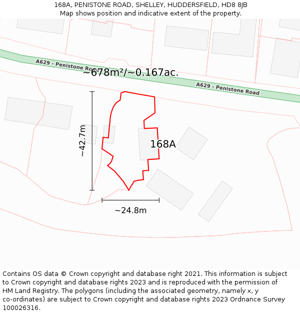 168A, PENISTONE ROAD, SHELLEY, HUDDERSFIELD, HD8 8JB: Plot and title map