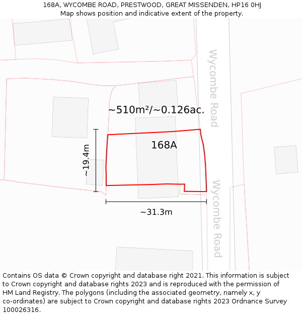 168A, WYCOMBE ROAD, PRESTWOOD, GREAT MISSENDEN, HP16 0HJ: Plot and title map