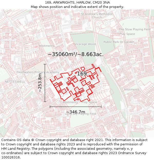 169, ARKWRIGHTS, HARLOW, CM20 3NA: Plot and title map