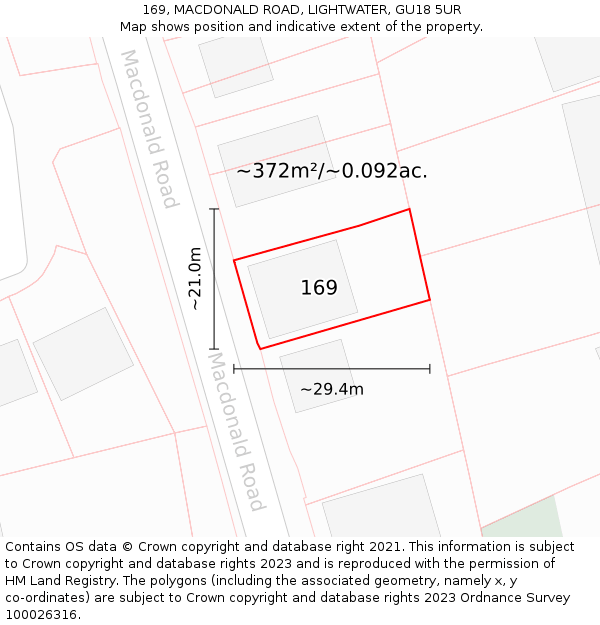 169, MACDONALD ROAD, LIGHTWATER, GU18 5UR: Plot and title map