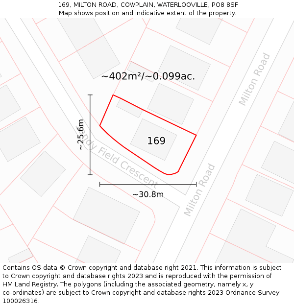 169, MILTON ROAD, COWPLAIN, WATERLOOVILLE, PO8 8SF: Plot and title map