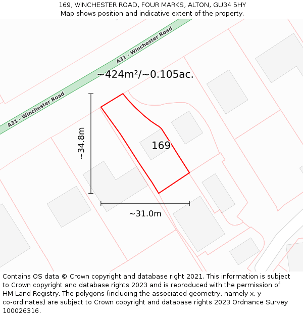 169, WINCHESTER ROAD, FOUR MARKS, ALTON, GU34 5HY: Plot and title map