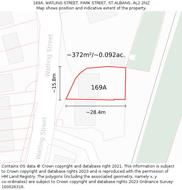 169A, WATLING STREET, PARK STREET, ST ALBANS, AL2 2NZ: Plot and title map