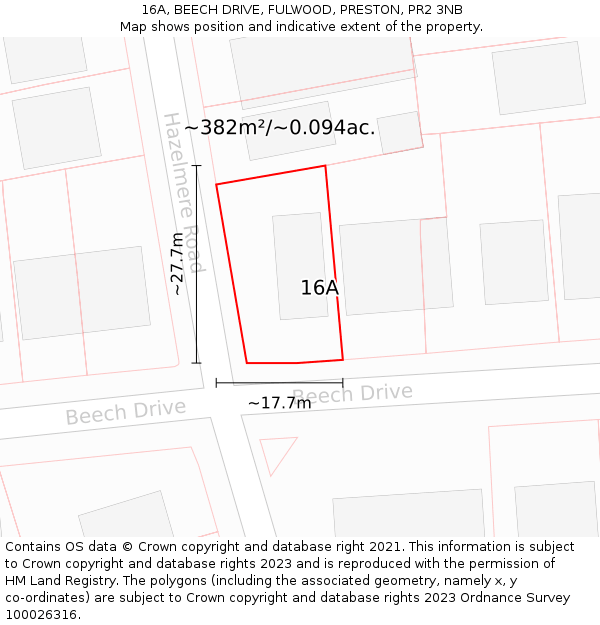 16A, BEECH DRIVE, FULWOOD, PRESTON, PR2 3NB: Plot and title map