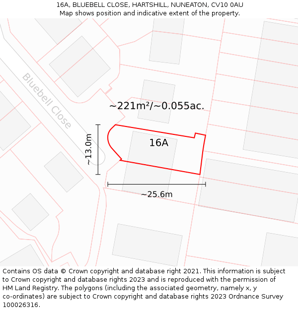 16A, BLUEBELL CLOSE, HARTSHILL, NUNEATON, CV10 0AU: Plot and title map