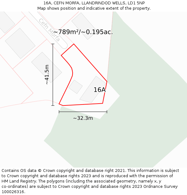 16A, CEFN MORFA, LLANDRINDOD WELLS, LD1 5NP: Plot and title map