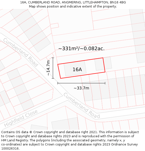 16A, CUMBERLAND ROAD, ANGMERING, LITTLEHAMPTON, BN16 4BG: Plot and title map