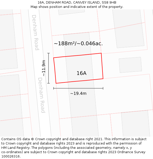 16A, DENHAM ROAD, CANVEY ISLAND, SS8 9HB: Plot and title map