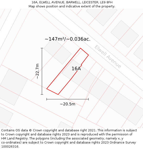 16A, ELWELL AVENUE, BARWELL, LEICESTER, LE9 8FH: Plot and title map