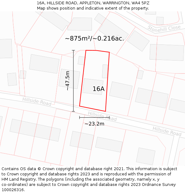 16A, HILLSIDE ROAD, APPLETON, WARRINGTON, WA4 5PZ: Plot and title map
