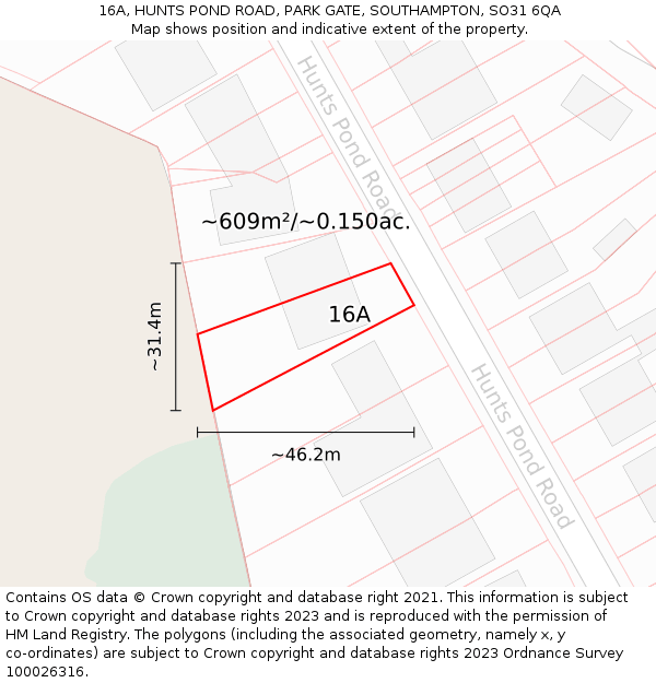 16A, HUNTS POND ROAD, PARK GATE, SOUTHAMPTON, SO31 6QA: Plot and title map