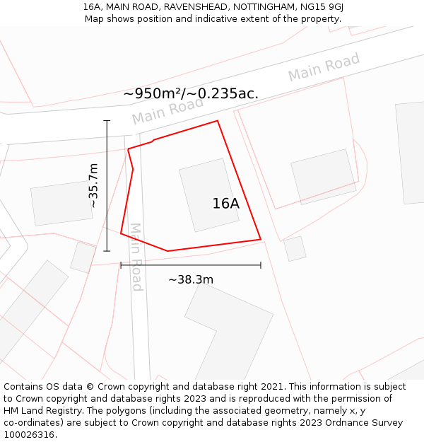 16A, MAIN ROAD, RAVENSHEAD, NOTTINGHAM, NG15 9GJ: Plot and title map