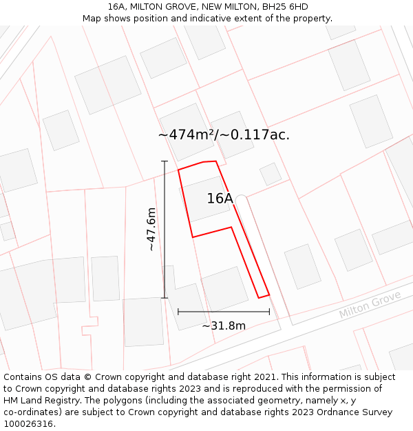 16A, MILTON GROVE, NEW MILTON, BH25 6HD: Plot and title map