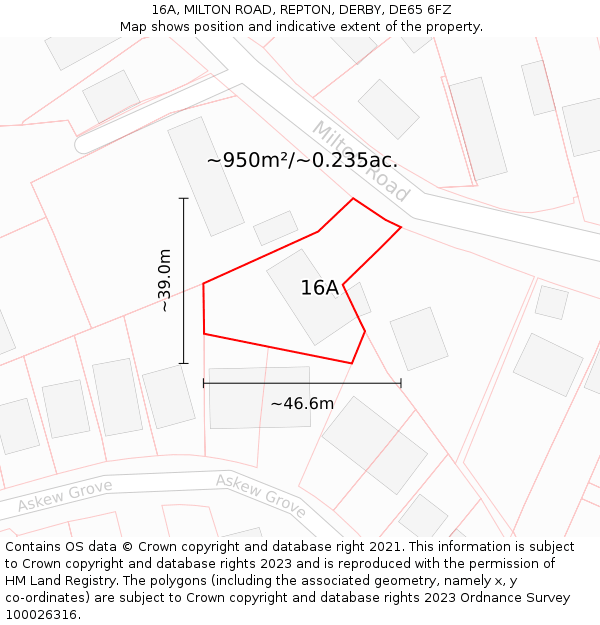 16A, MILTON ROAD, REPTON, DERBY, DE65 6FZ: Plot and title map