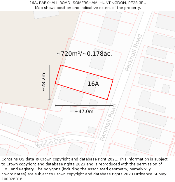 16A, PARKHALL ROAD, SOMERSHAM, HUNTINGDON, PE28 3EU: Plot and title map