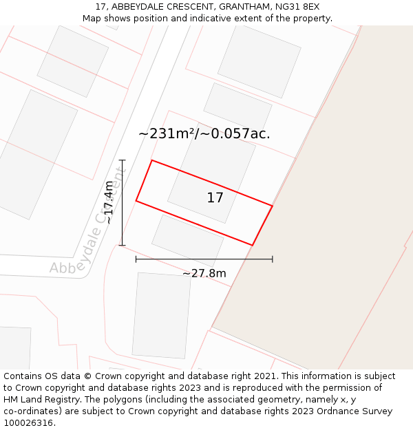 17, ABBEYDALE CRESCENT, GRANTHAM, NG31 8EX: Plot and title map