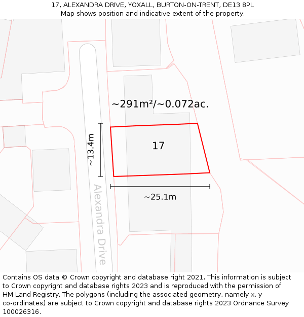 17, ALEXANDRA DRIVE, YOXALL, BURTON-ON-TRENT, DE13 8PL: Plot and title map