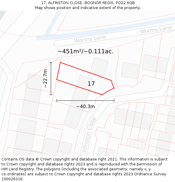 17, ALFRISTON CLOSE, BOGNOR REGIS, PO22 6QB: Plot and title map