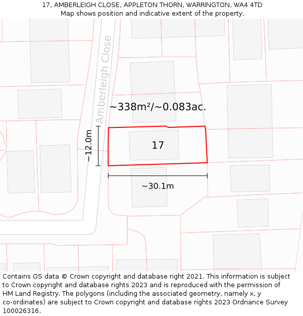 17, AMBERLEIGH CLOSE, APPLETON THORN, WARRINGTON, WA4 4TD: Plot and title map