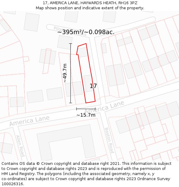 17, AMERICA LANE, HAYWARDS HEATH, RH16 3PZ: Plot and title map