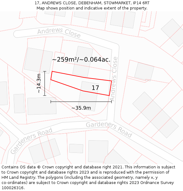 17, ANDREWS CLOSE, DEBENHAM, STOWMARKET, IP14 6RT: Plot and title map