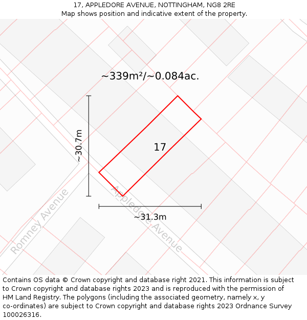 17, APPLEDORE AVENUE, NOTTINGHAM, NG8 2RE: Plot and title map