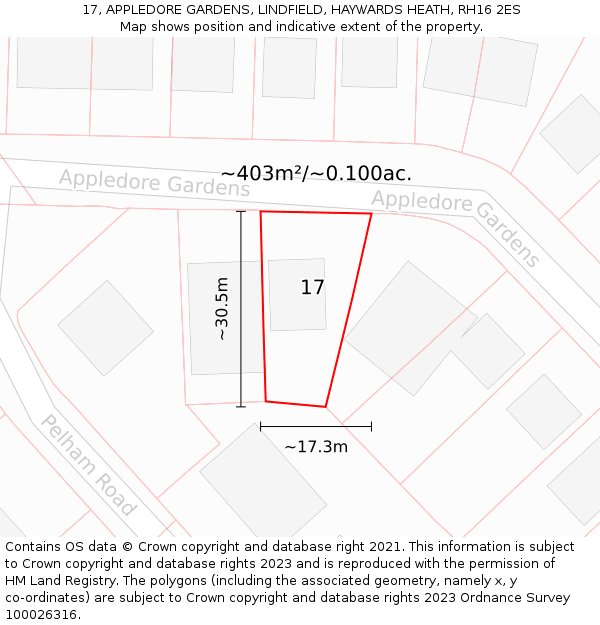 17, APPLEDORE GARDENS, LINDFIELD, HAYWARDS HEATH, RH16 2ES: Plot and title map