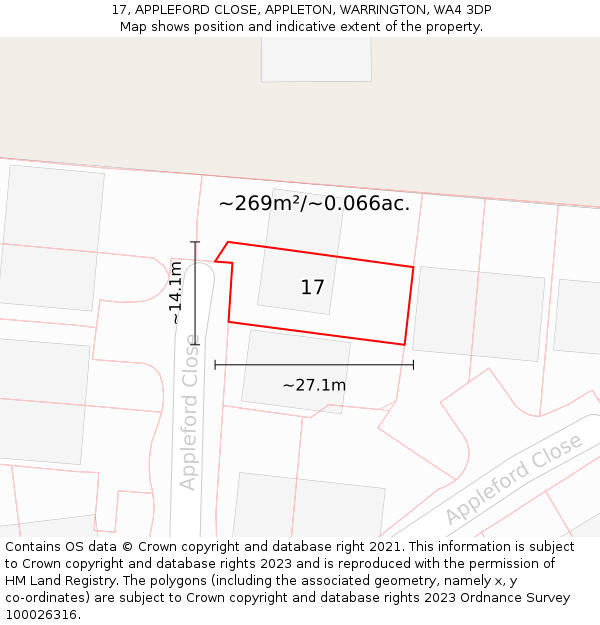 17, APPLEFORD CLOSE, APPLETON, WARRINGTON, WA4 3DP: Plot and title map