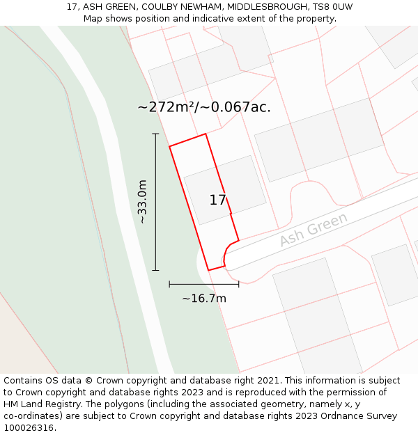 17, ASH GREEN, COULBY NEWHAM, MIDDLESBROUGH, TS8 0UW: Plot and title map