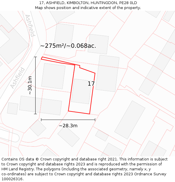 17, ASHFIELD, KIMBOLTON, HUNTINGDON, PE28 0LD: Plot and title map