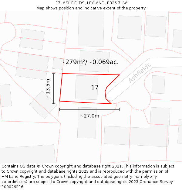 17, ASHFIELDS, LEYLAND, PR26 7UW: Plot and title map