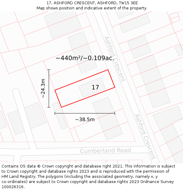 17, ASHFORD CRESCENT, ASHFORD, TW15 3EE: Plot and title map