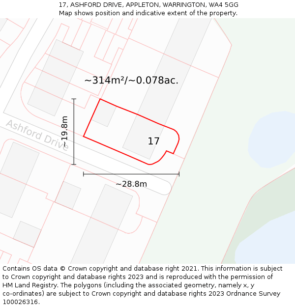 17, ASHFORD DRIVE, APPLETON, WARRINGTON, WA4 5GG: Plot and title map