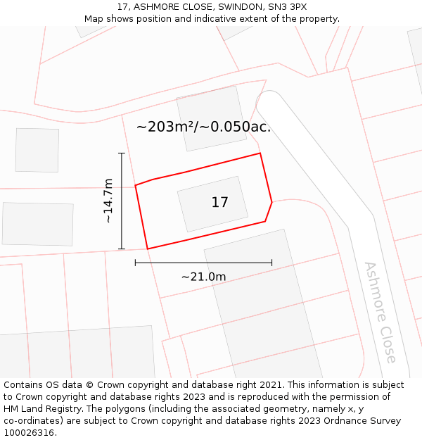 17, ASHMORE CLOSE, SWINDON, SN3 3PX: Plot and title map