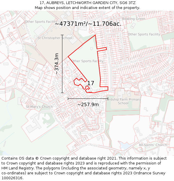 17, AUBREYS, LETCHWORTH GARDEN CITY, SG6 3TZ: Plot and title map