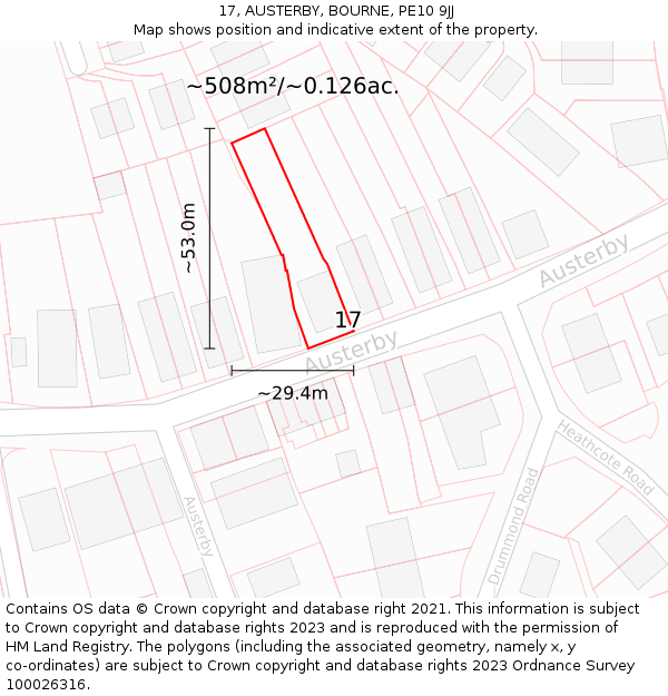 17, AUSTERBY, BOURNE, PE10 9JJ: Plot and title map