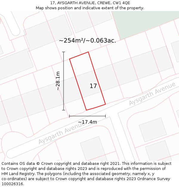 17, AYSGARTH AVENUE, CREWE, CW1 4QE: Plot and title map