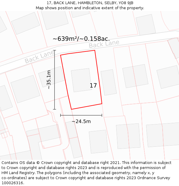 17, BACK LANE, HAMBLETON, SELBY, YO8 9JB: Plot and title map