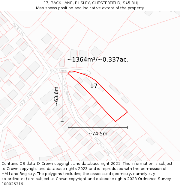 17, BACK LANE, PILSLEY, CHESTERFIELD, S45 8HJ: Plot and title map