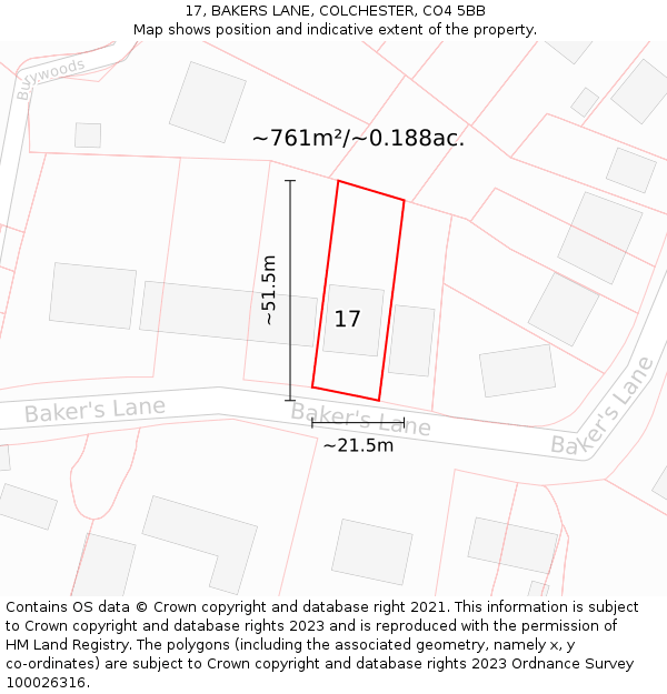 17, BAKERS LANE, COLCHESTER, CO4 5BB: Plot and title map