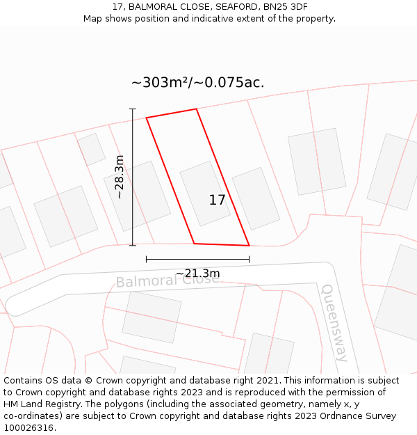 17, BALMORAL CLOSE, SEAFORD, BN25 3DF: Plot and title map