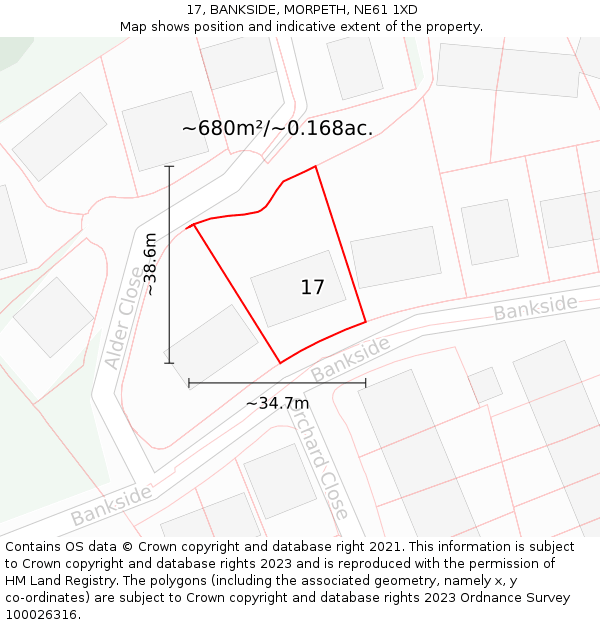 17, BANKSIDE, MORPETH, NE61 1XD: Plot and title map