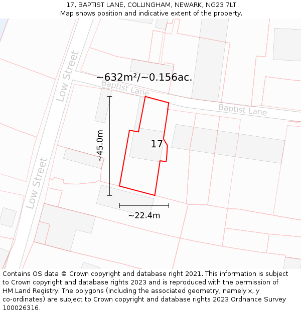 17, BAPTIST LANE, COLLINGHAM, NEWARK, NG23 7LT: Plot and title map