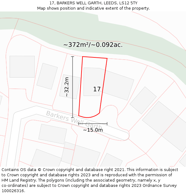 17, BARKERS WELL GARTH, LEEDS, LS12 5TY: Plot and title map