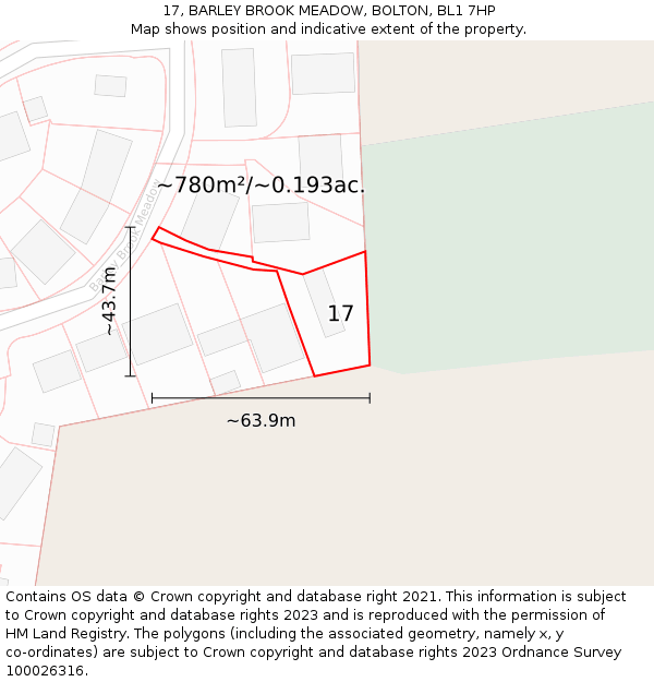 17, BARLEY BROOK MEADOW, BOLTON, BL1 7HP: Plot and title map