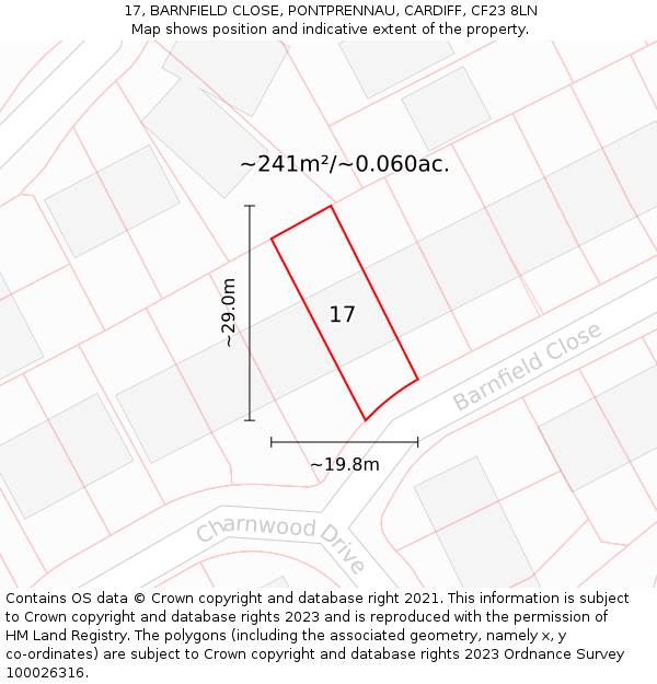 17, BARNFIELD CLOSE, PONTPRENNAU, CARDIFF, CF23 8LN: Plot and title map