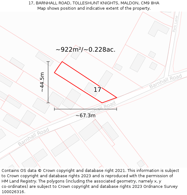 17, BARNHALL ROAD, TOLLESHUNT KNIGHTS, MALDON, CM9 8HA: Plot and title map