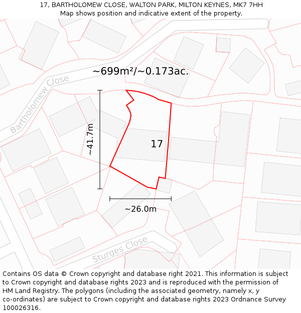 17, BARTHOLOMEW CLOSE, WALTON PARK, MILTON KEYNES, MK7 7HH: Plot and title map