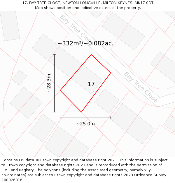 17, BAY TREE CLOSE, NEWTON LONGVILLE, MILTON KEYNES, MK17 0DT: Plot and title map